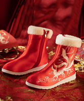 Boho Red Satin Embroidery Splicing Boots Fuzzy Wool Lined